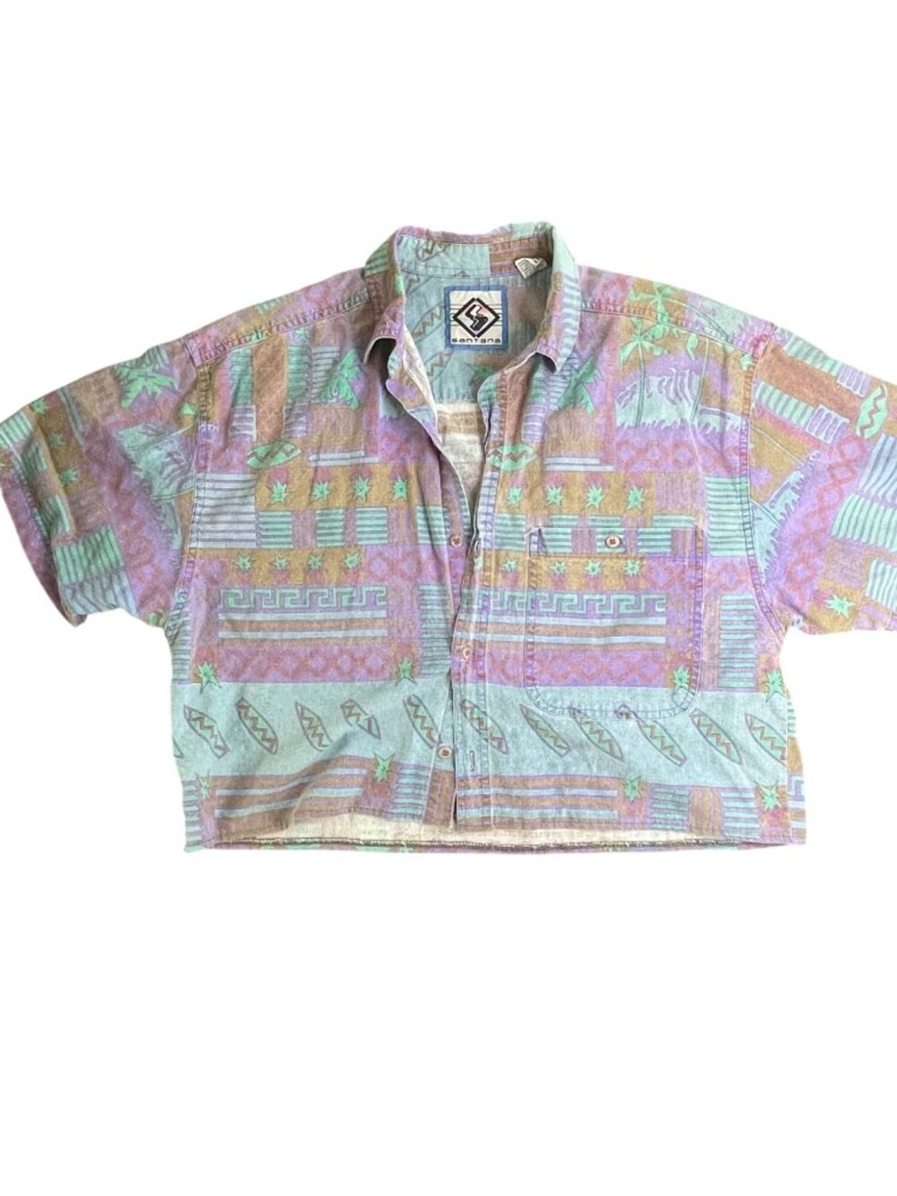 Vintage Santana Cropped Button-Up Shirt M Pastel 100% Cotton Made In Hong Kong